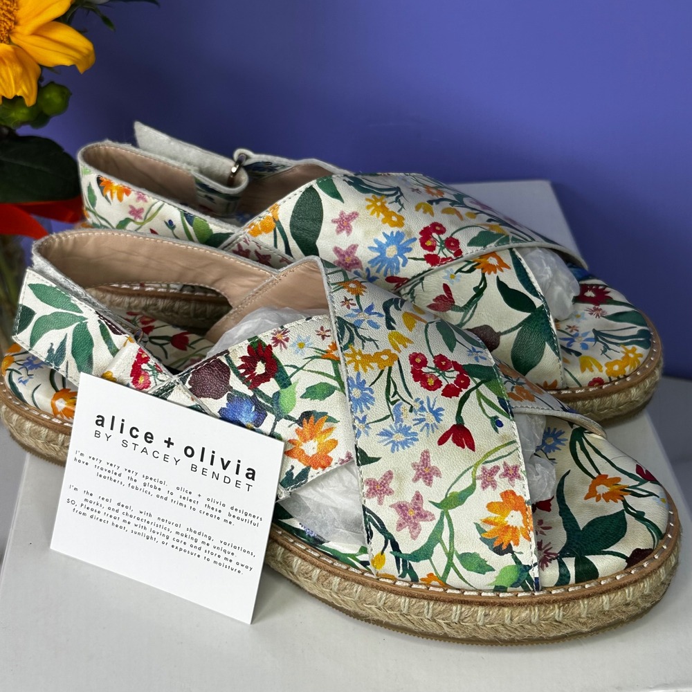 Alice + Olivia River Espadrille Sandals Floral Print Leather Size 36.5 US 6‎